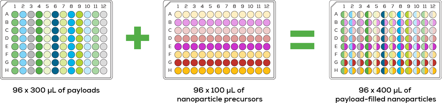 Plate maps and heatmaps showing experimental design matrices used for high-throughput LNP formulation screening.
