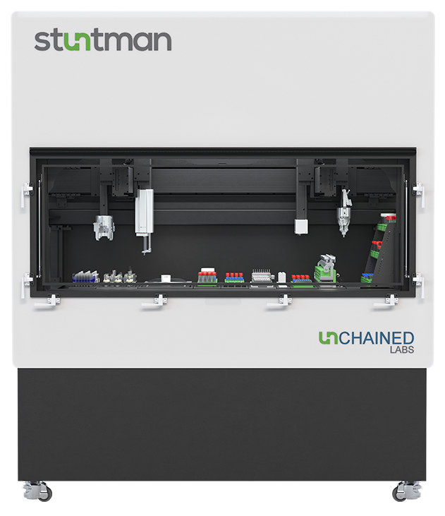 Front view of the Stuntman AI-driven lab automation platform from Unchained Labs, showing the enclosed workspace and modular hardware deck.